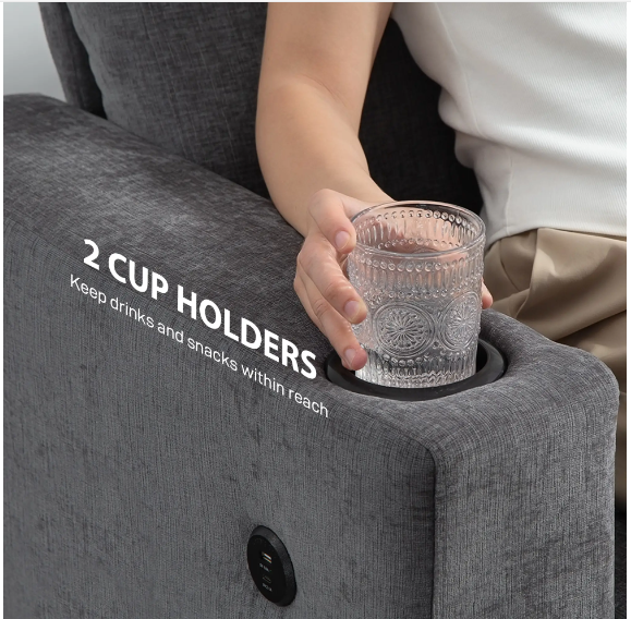 3 Seater Sofa with USB Ports & Cup Holders, Chenille-Feel Upholstered Couch for Living Room, Grey