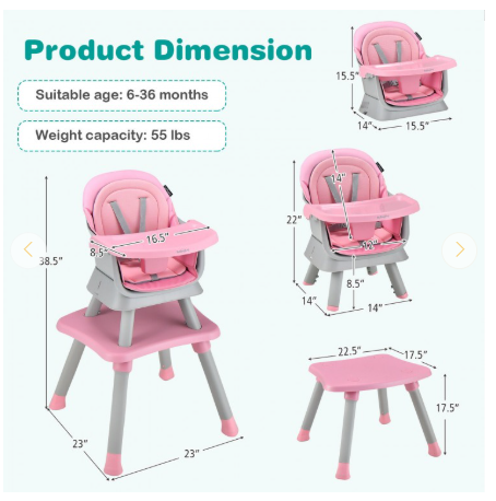 INFANS 8 in 1 Baby High Chair, Convertible Highchair for Babies and Toddlers - Pink