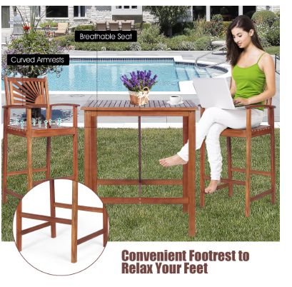 3PCS Bar Set Acacia Wood Bar Height Patio Bistro Dining Set Outdoor [Scratch and Dent] (Assembled)