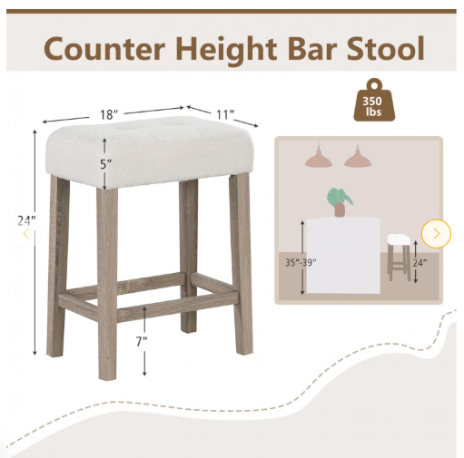 Set of 2 - Modern Counter Height Bar Stools with Rubber Wood Legs