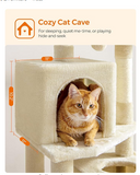 (Unassembled) - Cat Condo, cat  tree, 61-Inch Cat Tower with 5 Scratching Posts, 2 Perches, 2 Caves, Hammock, 2 Pompoms, Beige (1 Box, Unassembled)