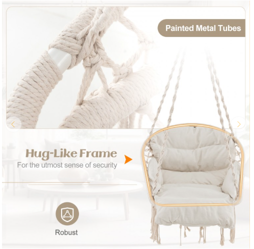 Hammock Chair with Thick Cushion and Macrame Holds up to 330 LBS