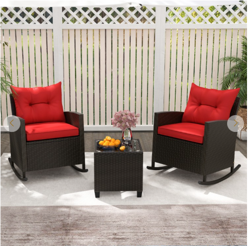 3-Piece Patio Rattan Rocker Chairs with Glass Table, Red (Fully Assembled)