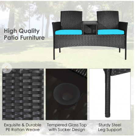 Patio Rattan Cushioned Table Chairs Chat Set - Ours is Turquois (Assembled)