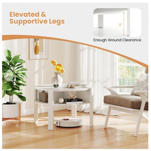 29.5 Inch Round Coffee Table with Storage Shelves for Small Space-White