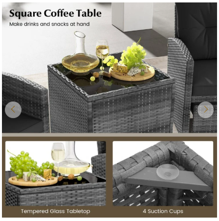 5 Piece Patio Rattan Furniture with 2 Ottomans and Tempered Glass Coffee Table-Black (Assembled)