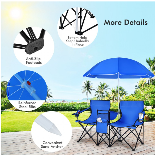 Portable Folding Picnic Double Chair With Removable Umbrella-Navy