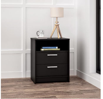 Nightstand Bedside with 2 Drawers and Open Shelf, Black (Fully Assembled)