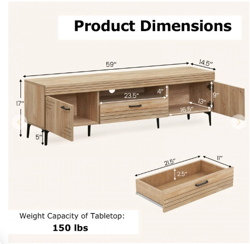 SPECIAL - TV Stand with 2 Cabinets and Storage Drawer for 65 Inches TVs (1 Box, Unassembled)