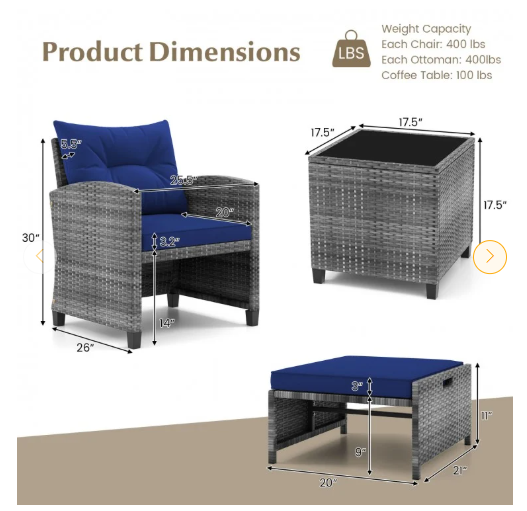 5 Pieces Patio Rattan Sofa Ottoman Furniture Set with Cushions-Navy (Fully Assembled)
