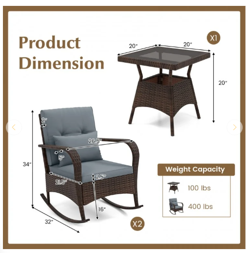 3 Pieces Outdoor Rocking Set with Tempered Glass Coffee Table for Backyard Poolside