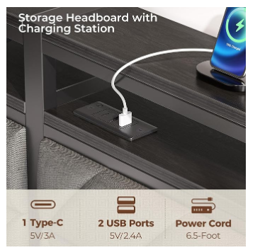 Bed Frame Queen Size with LED/Charging Station, Grey - (1 Box, Unassembled)