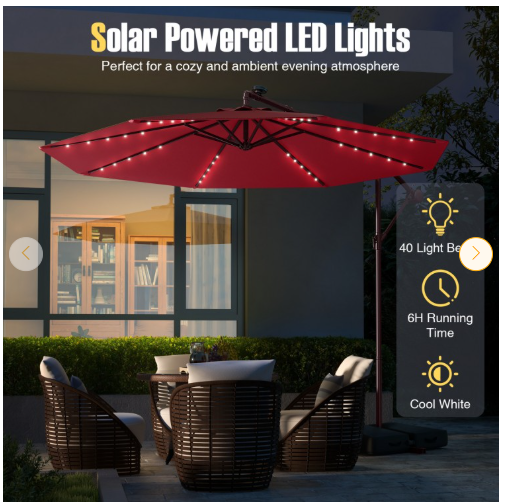 10 Feet Patio Offset Umbrella with 40 Solar-Powered LED Lights-Wine (Assembled)