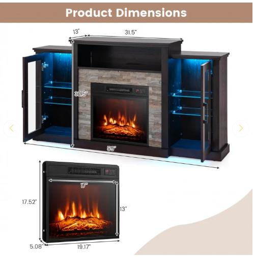 Fireplace TV Stand, TV Console with Fireplace Insert with remote, LED Lights with remote & Adjustable Glass Shelves, App Control, Fully Assembled
