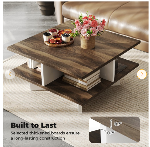 2-Tier Square Coffee Table with 4 Storage Compartments-Walnut (Fully Assembled)