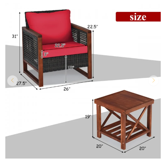 3 Pieces Acacia Wood Patio Furniture Set with Coffee Table-RED  (See Description)
