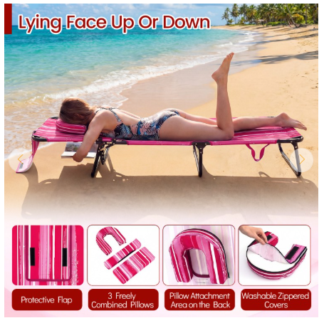 Beach Chaise Lounge Chair with Face Hole and Removable Pillow-Pink Striped