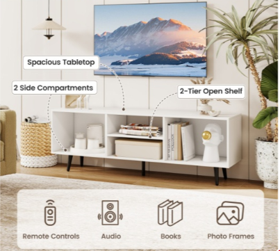 47.5 Inches Tv Stand For 55-Inch Tv With Compartments And Metal Legs-White