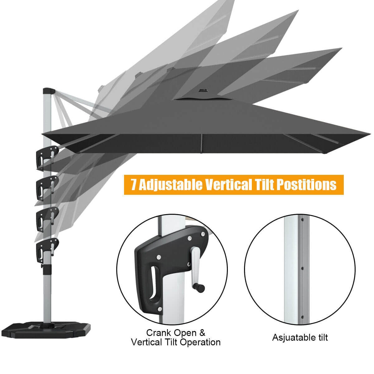 No Tax - 10 Feet 360° Tilt Aluminum Square Patio Umbrella without Weight Base-Gray, (Assembled)