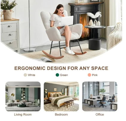 Linen Rocking Chair with High Backrest and Padded Armrests - Beige