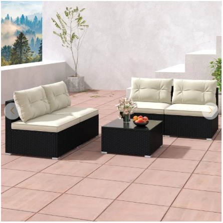 SPECIAL - 5 Piece Outdoor Furniture Set with Solid Tabletop and Soft Cushions-White (Assembled)