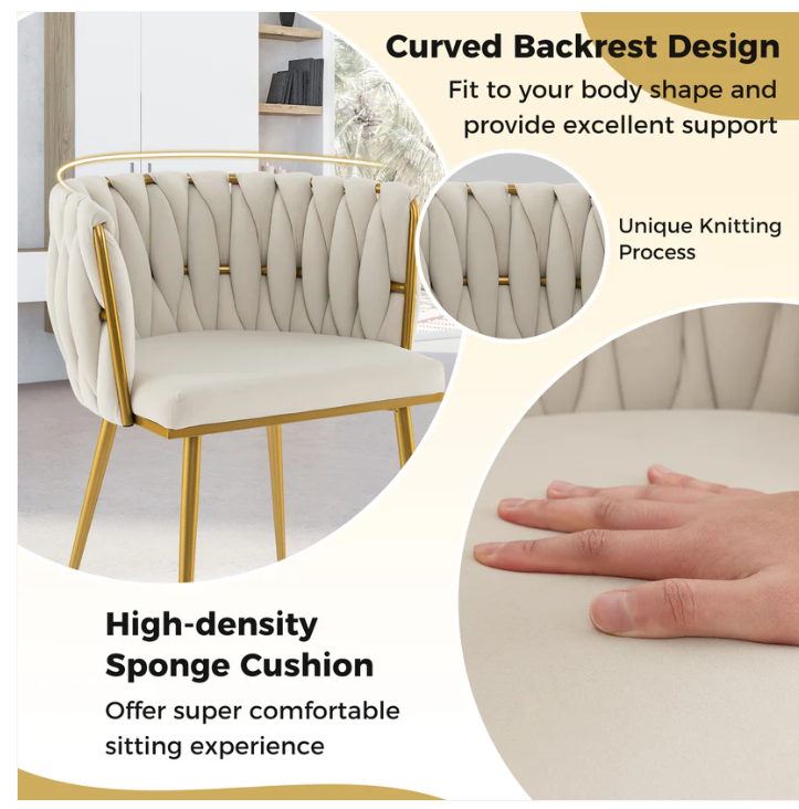 Set of 2 Upholstered Dining Chair w/ Curved Backrest and Metal Tubes-Cream