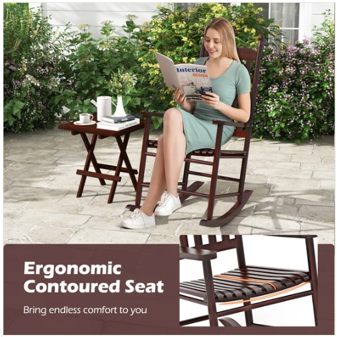 High-Back Acacia Wood Outdoor Rocking Chair with Solid Rocking Base-Brown (Assembled)