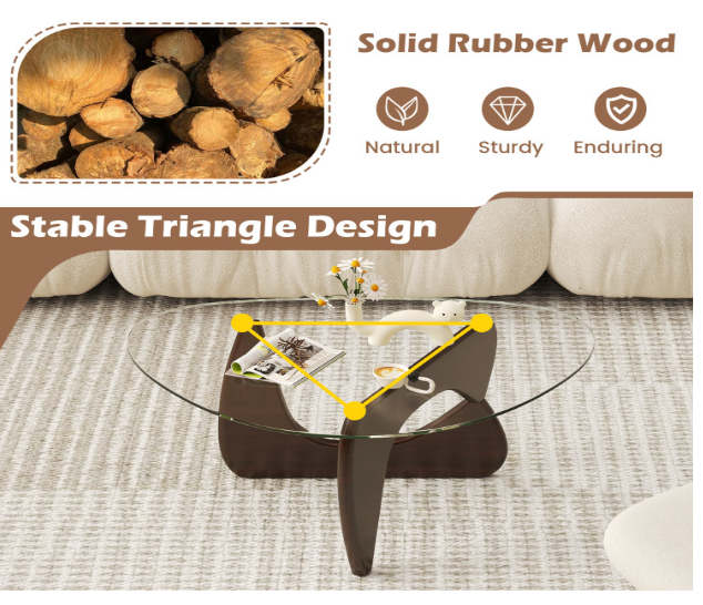 Triangle Coffee Table with Tempered Glass Top and Adjustable Rubber Wood Base (Assembled)