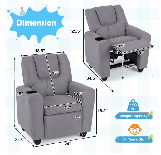 Kids Recliner Chair Push Back Toddler Reclining Armchair with Cup Holder-Grey