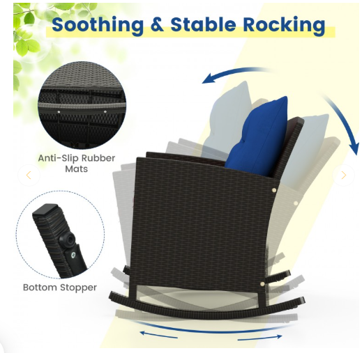 3-Piece Patio Rattan Rocker Chairs with Glass Table, Dark Blue (Fully Assembled)