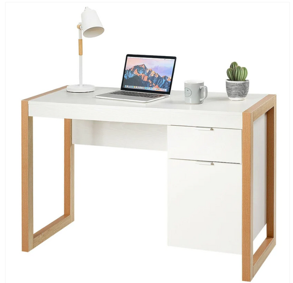 Modern Computer Desk Study Table Writing Workstation with Cabinet and Drawer-White