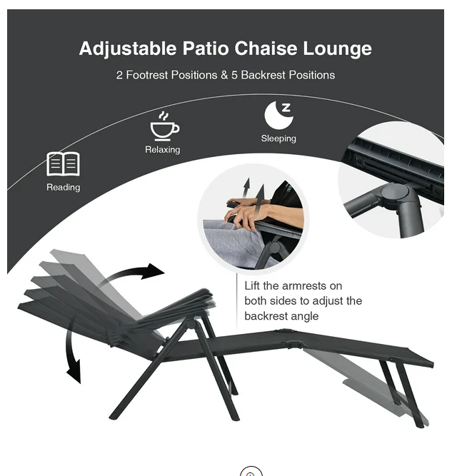 Patio Folding Chaise Lounge Chair Outdoor Portable Reclining Lounger Beach Black