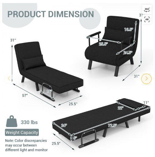 Folding 6 Position Convertible Sleeper Bed Armchair Lounge Couch- Black (See description)