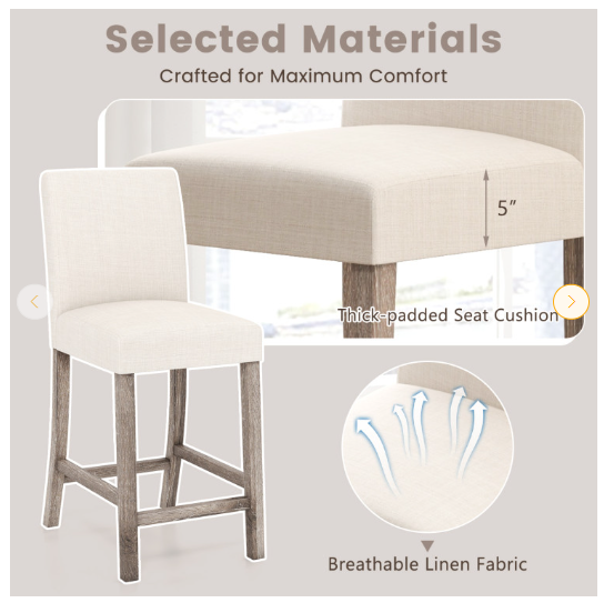 Set of 2, Counter Height Bar Stools with Back and Footrest (Fully Assembled)