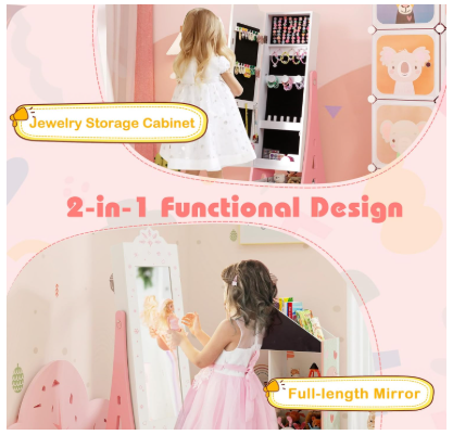 Kids Jewelry Armoire Cabinet, 43.5" with Full-Length Mirror (Assembled)