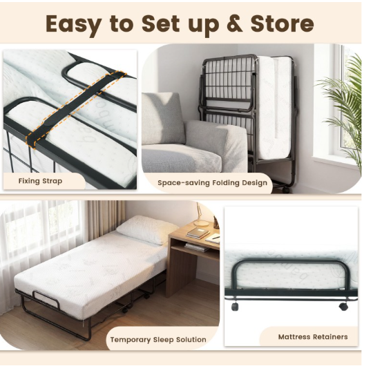 Twin Size Folding Bed with 5-inch Mattress and Metal Frame for Apartment