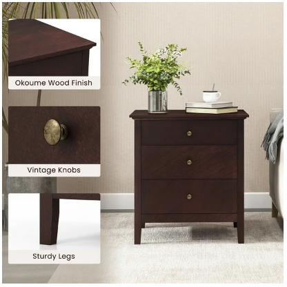 3-Drawer End Table Nightstand Beside Accent Table Brown Bedroom (Fully Assembled)