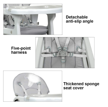 3 in 1 Baby High Chair w/ Adjustable Seat Back and Removable Trays - Grey (Assembled)