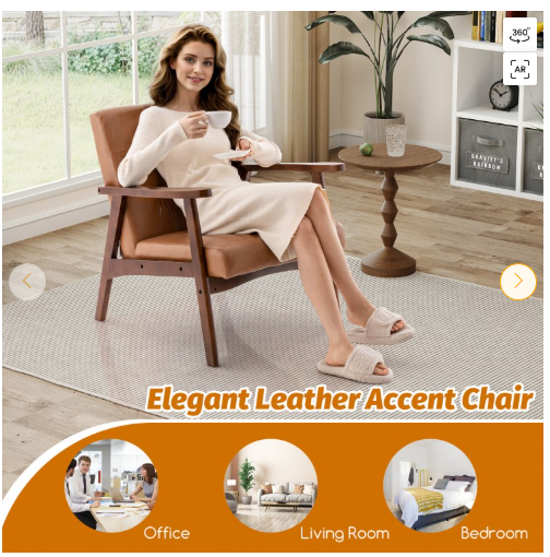 Mid Century Modern Accent Chair with Solid Rubber Wood Frame and Leather Cover-Brown (Assembled)