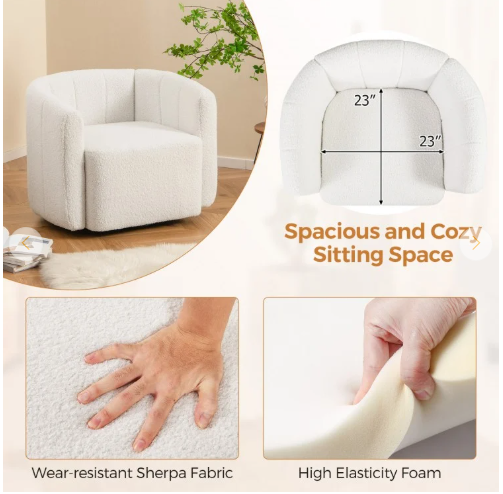 Modern Upholstered Sherpa Accent Chair with Curved Backrest and Armrests-White