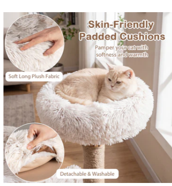 Modern Cat Tree Tower 40" with Luxury Real Wood Natural Branch, Natural & White