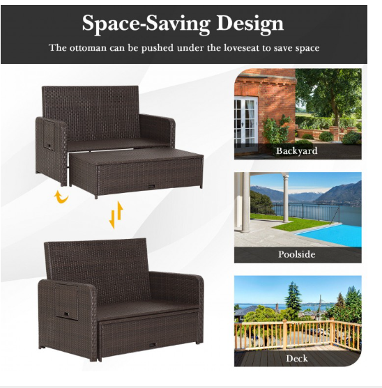 Patio Rattan Daybed with 4-Level Adjustable Backrest and Retractable Side Tray-Black (Assembled)