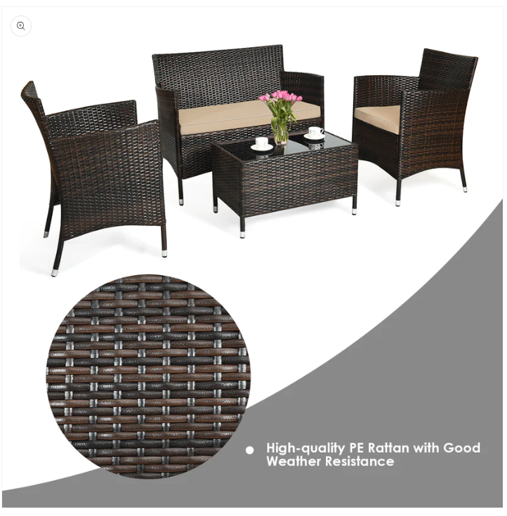 4 Pieces Rattan Sofa Set with Glass Coffee Table-Light Brown - *UNASSEMBLED/IN BOX*