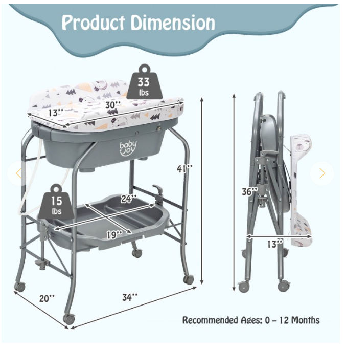 Folding Baby Changing Table with Bathtub and 4 Universal Wheels