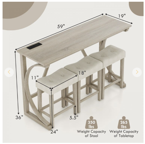 4-Piece Bar Table Set with Power Outlet and Upholstered Saddle Seat Stools (Fully Assembled)
