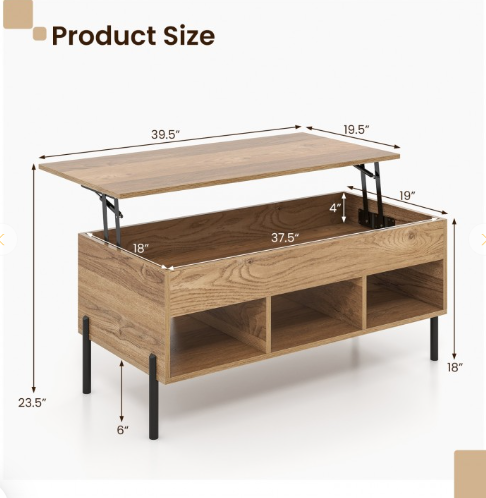 Living Room Central Table with Lifting Tabletop and Metal Legs - [Scratch and Dent] (Fully Assembled)