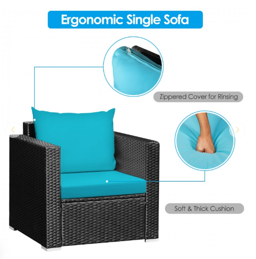 3 Pieces Cushioned Rattan Patio Set with Coffee Table-Turquoise, Fully Assembled