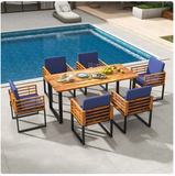 7 Pieces Patio Acacia Wood Dining Chair and Table Set for Backyard and Poolside-Navy - Fully Assembled