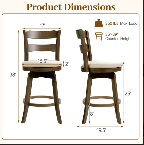 Set of 3 -25 Inch Swivel Counter Barstools with Backrest & Upholstered Seat-Beige