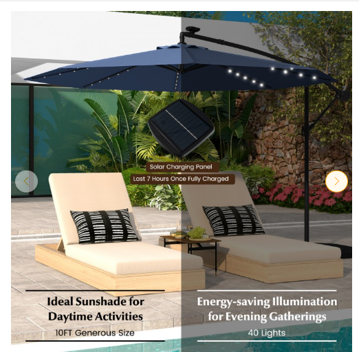 SPECIAL - 10 Feet Patio Offset Umbrella with sandbag plus 32 Solar-Powered LED Lights-Navy (see Description)